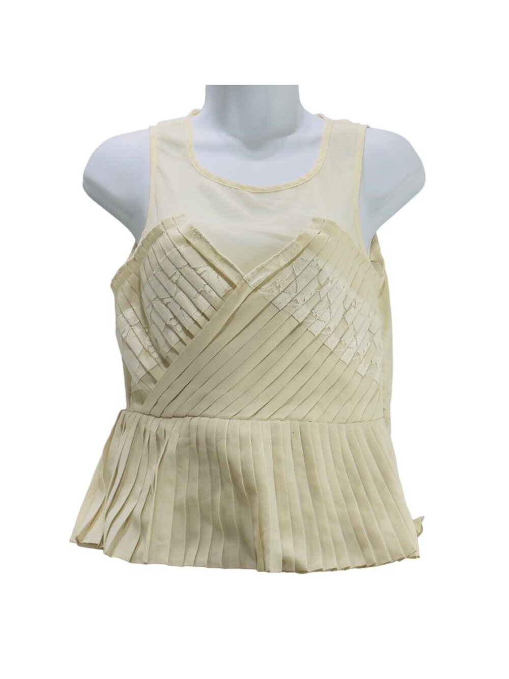 PINS AND NEEDLES Women's Top Beige Sleeveless Pleats Peplum Lace Contrast Size S